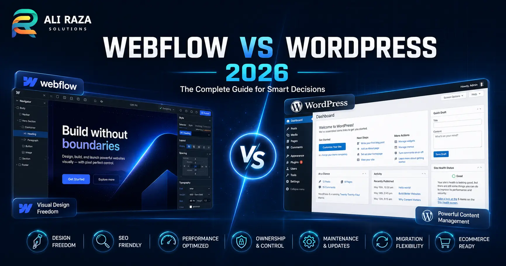 Feature comparison banner for Webflow vs WordPress 2026 highlighting visual design tools versus open-source content management.