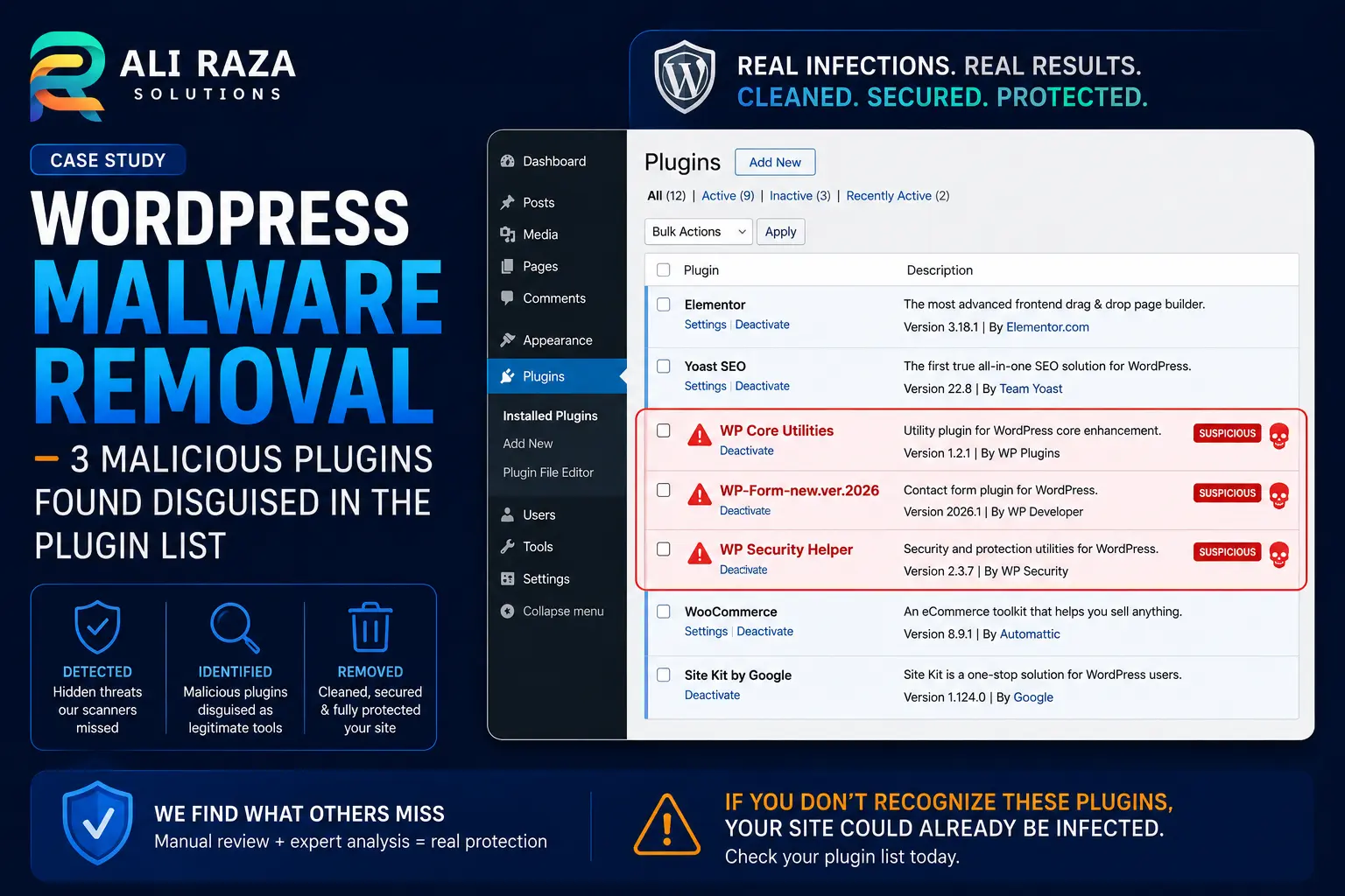 WordPress malware removal — 3 malicious plugins found disguised in the plugin list