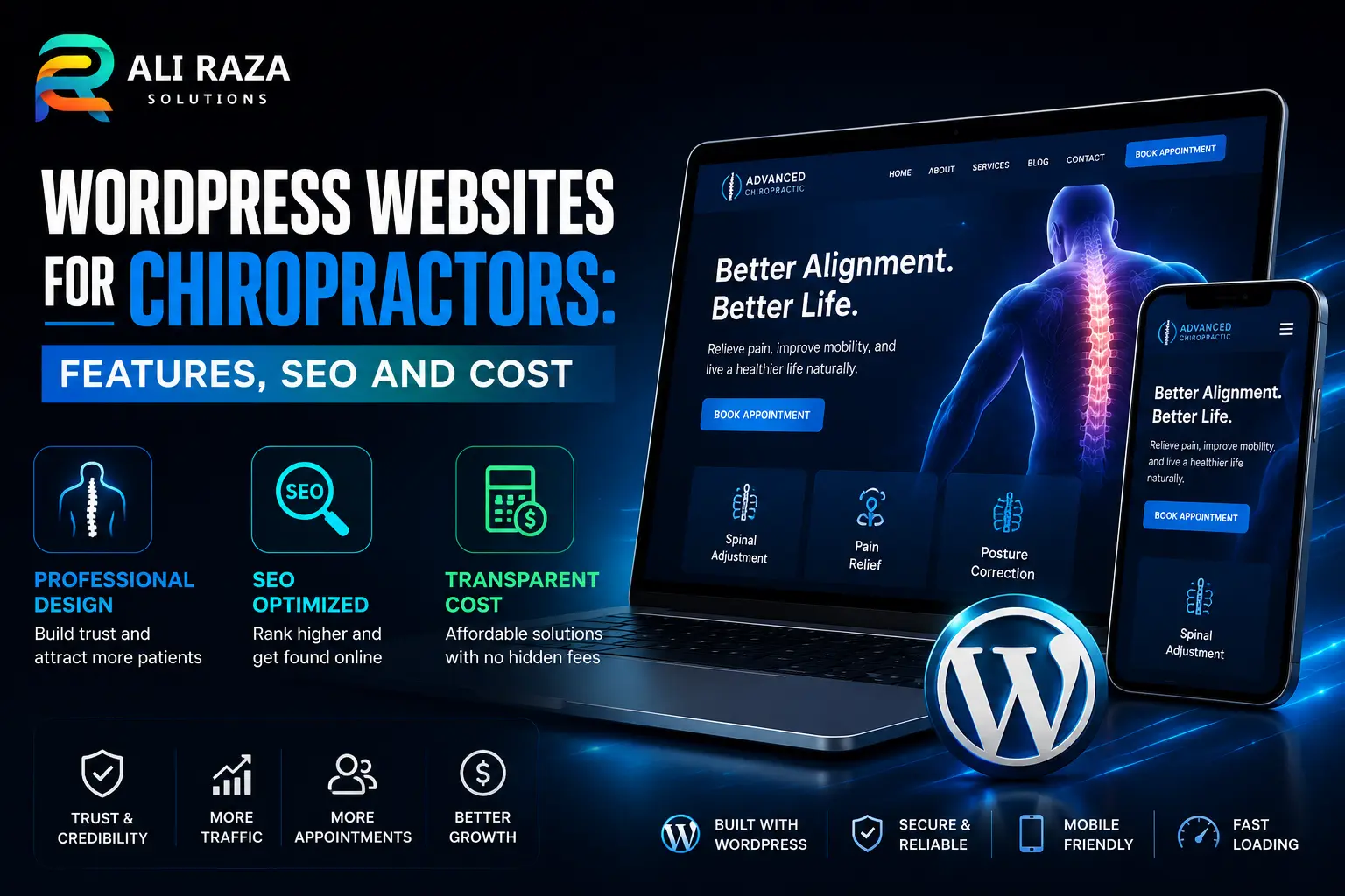 Feature graphic showcasing custom WordPress website design for chiropractors displayed on laptop and mobile screens with booking and SEO features.