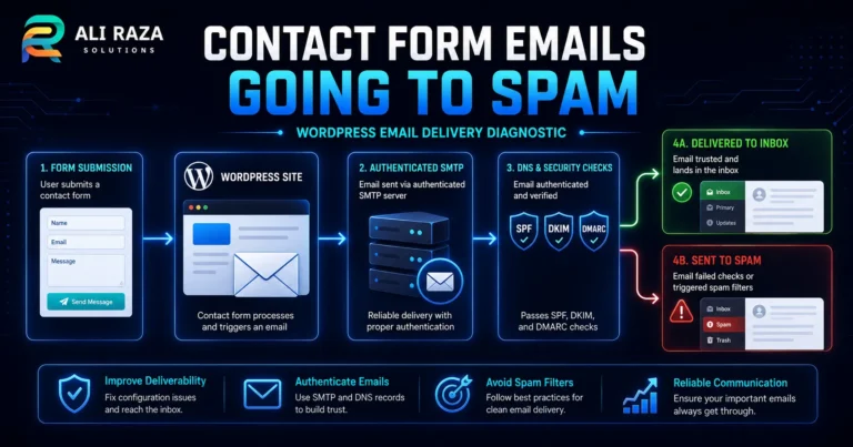 Infographic detailing the WordPress email delivery diagnostic flow from form submission to inbox delivery or spam folder.