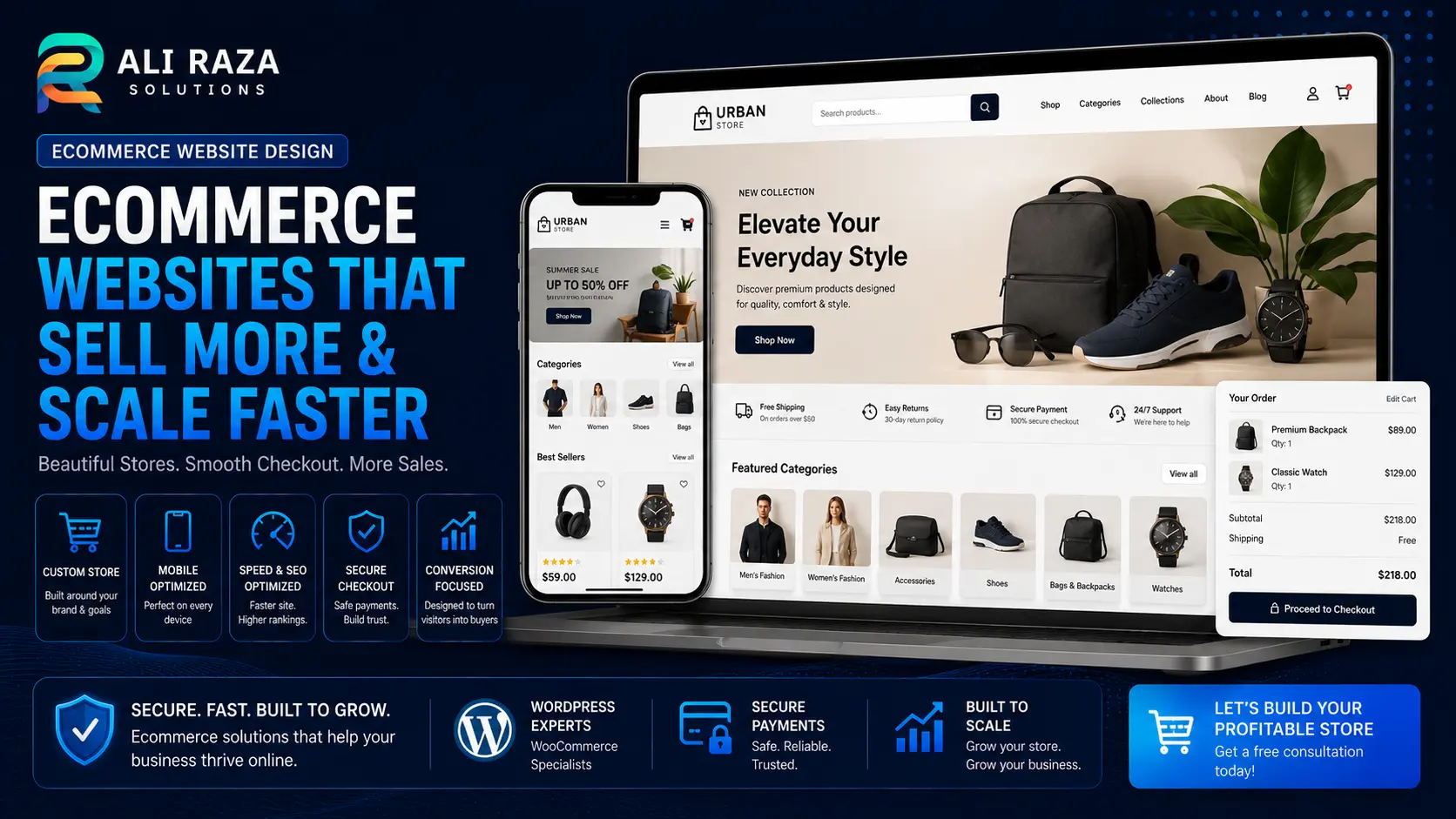 Ecommerce website design with product catalog and checkout page layout