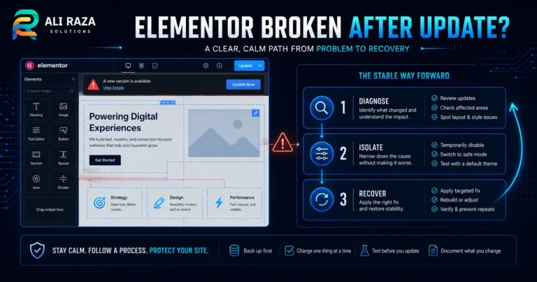 Diagnostic workflow diagram for fixing an Elementor plugin break after a WordPress update.