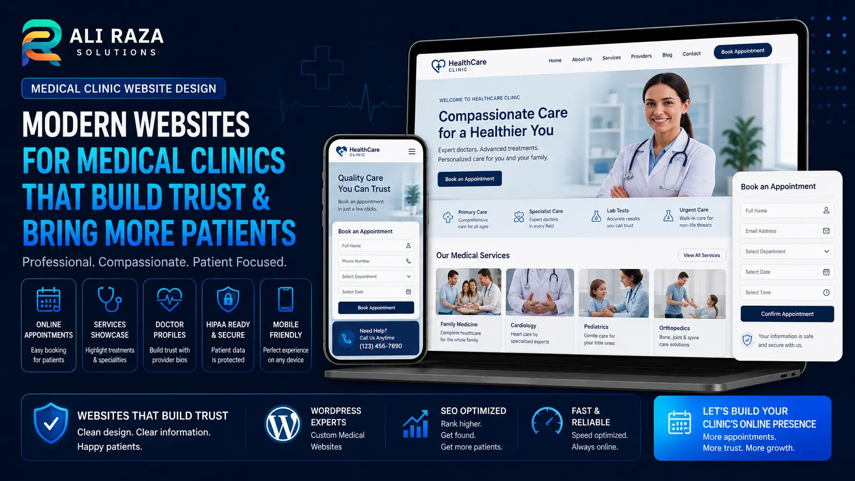 Medical clinic website design with appointment booking and provider bio page layout
