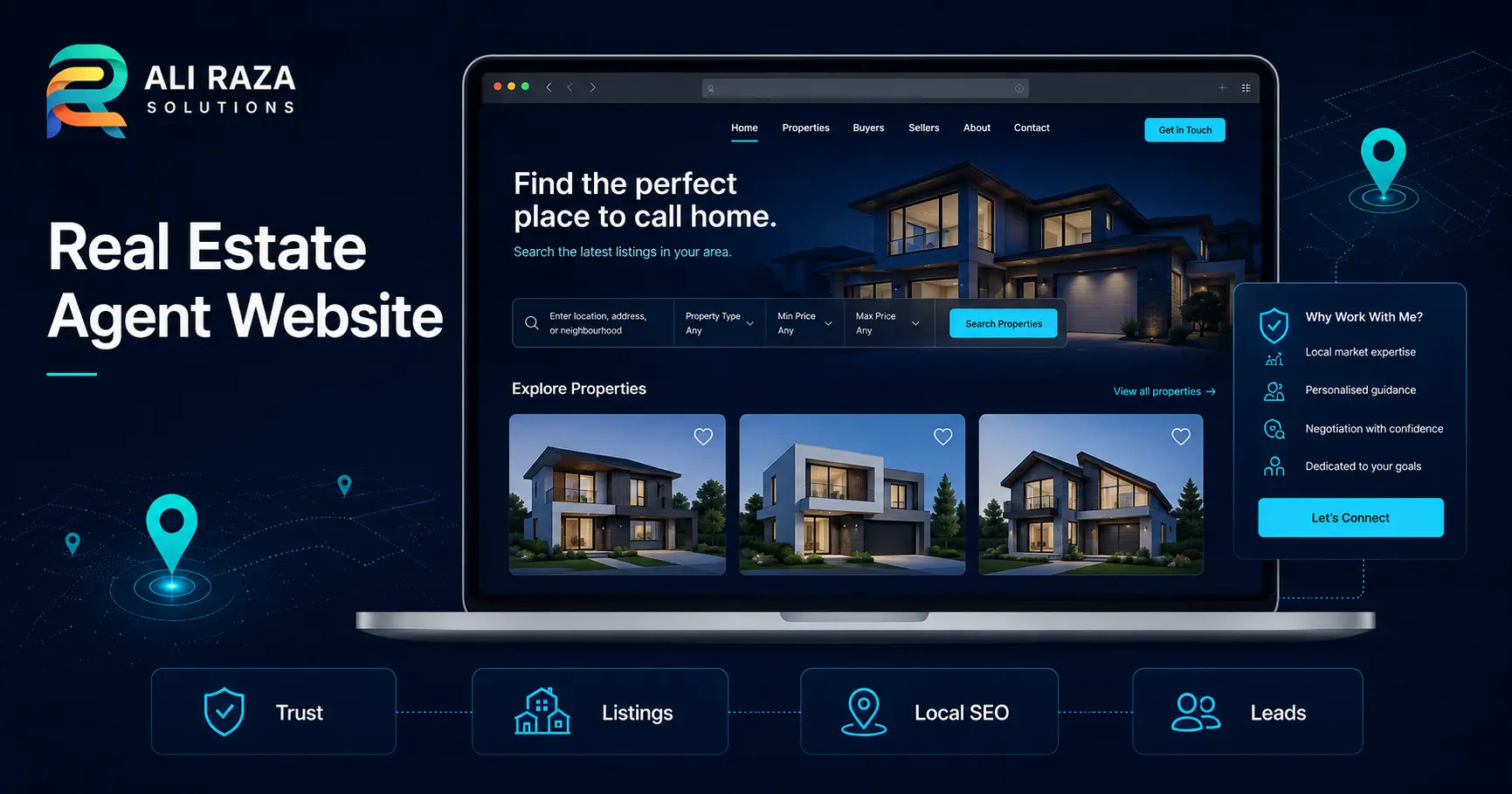Real estate agent website UI mockup on a laptop featuring property search filters and lead capture tools.
