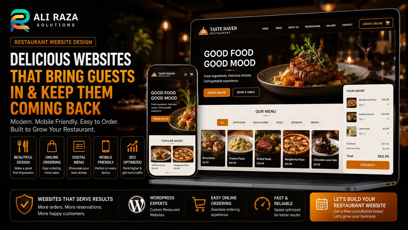 Restaurant website design with online ordering and digital menu page layout