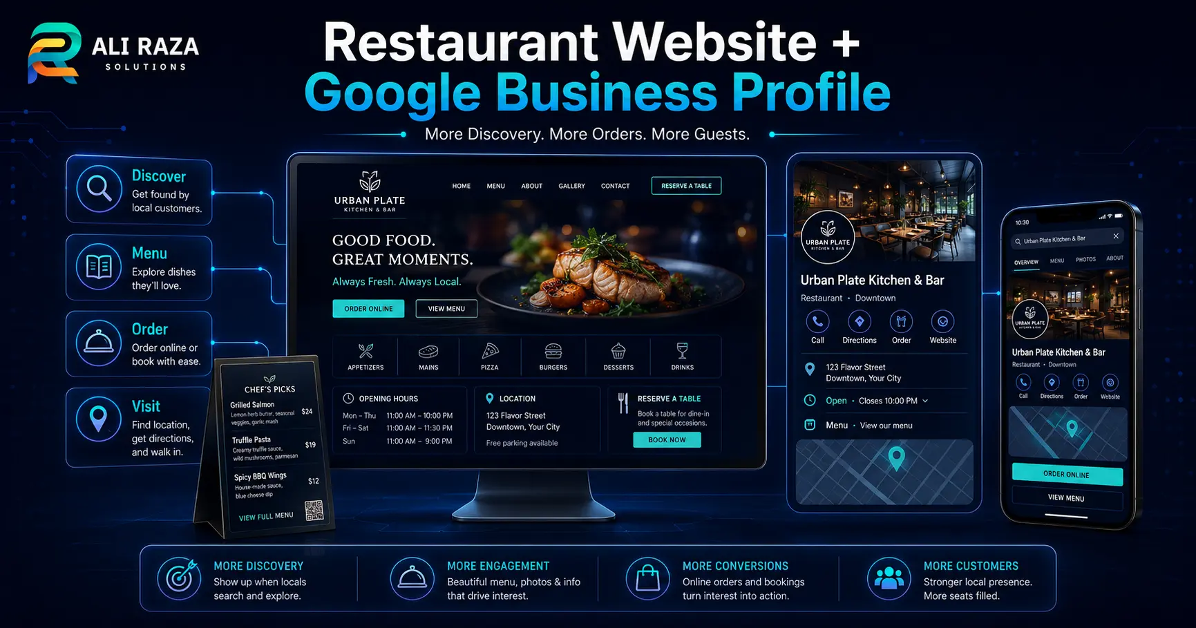 Desktop website and mobile Google Business Profile integration mockup for local restaurant marketing.