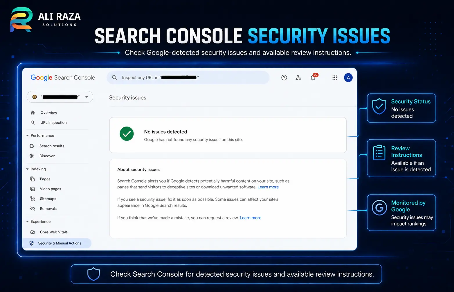 Example of the Google Search Console Security Issues report and review instructions