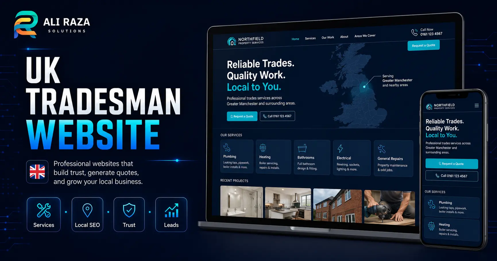 Laptop and smartphone mockup displaying responsive UK tradesman website design.