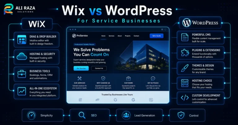 Wix vs WordPress feature comparison graphic for service business website development.