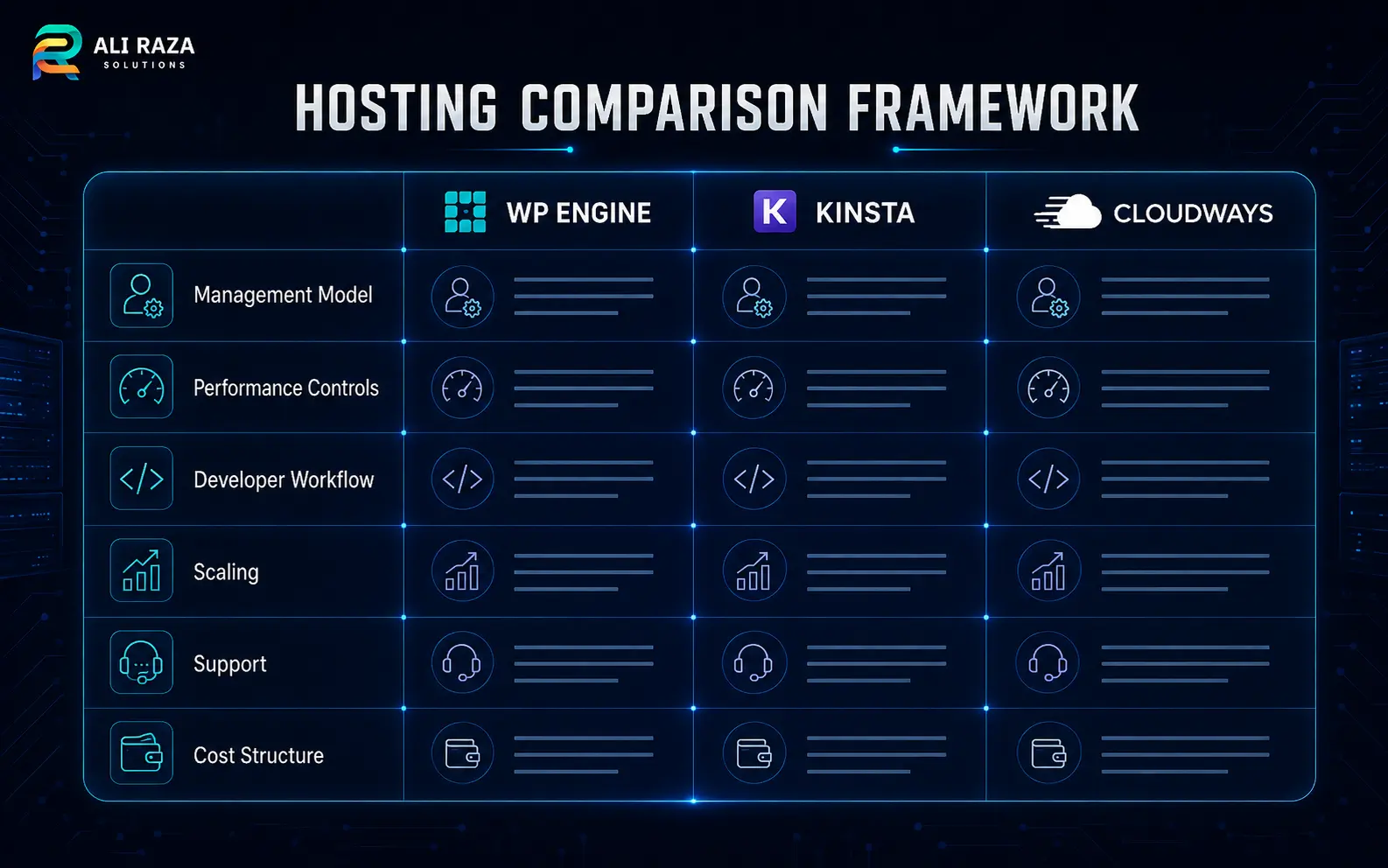 Hosting comparison framework for WP Engine, Kinsta and Cloudways covering management, performance, developer workflow, scaling, support and cost
