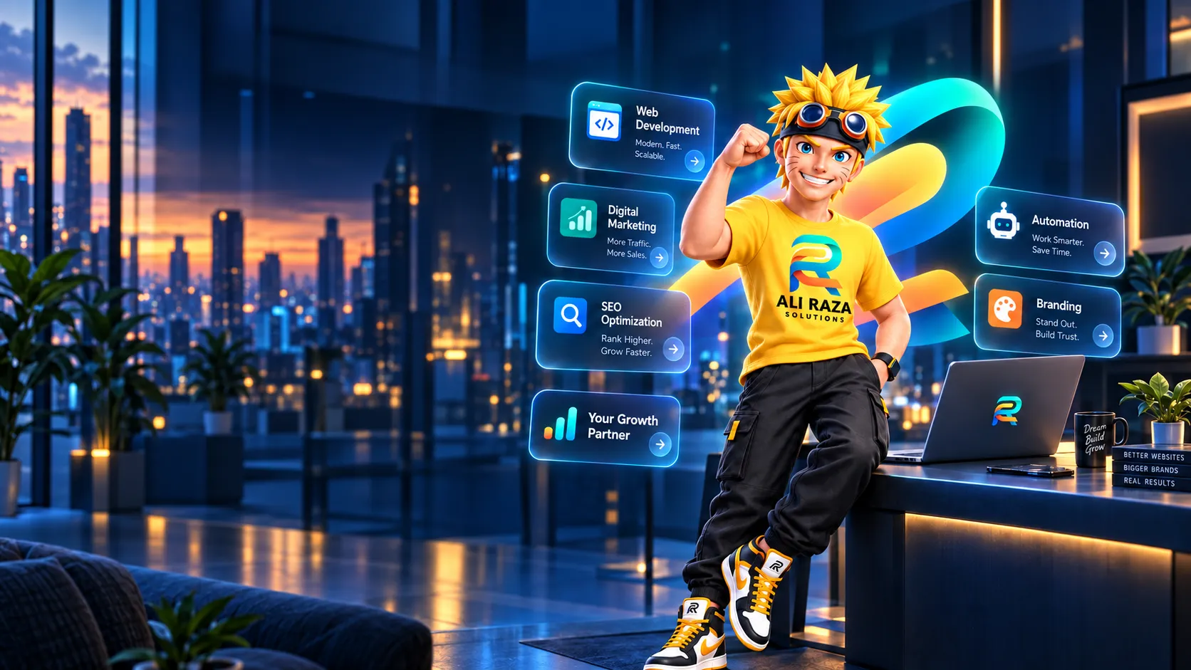 Web development and digital marketing agency for small business — Ali Raza Solutions mascot in a night-city office