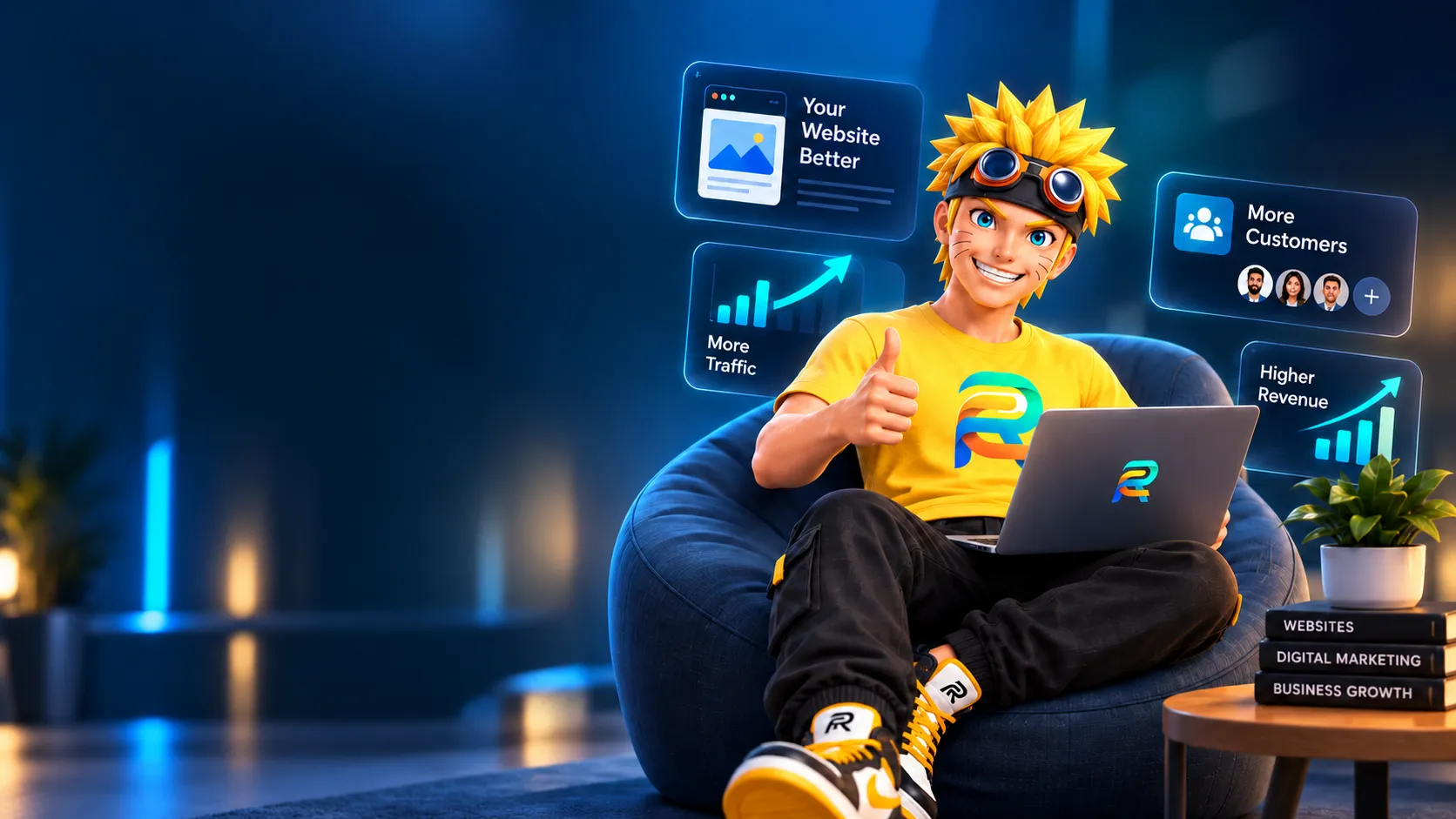 Ali Raza Solutions mascot on a bean bag with a laptop — better website, more traffic, more customers, higher revenue