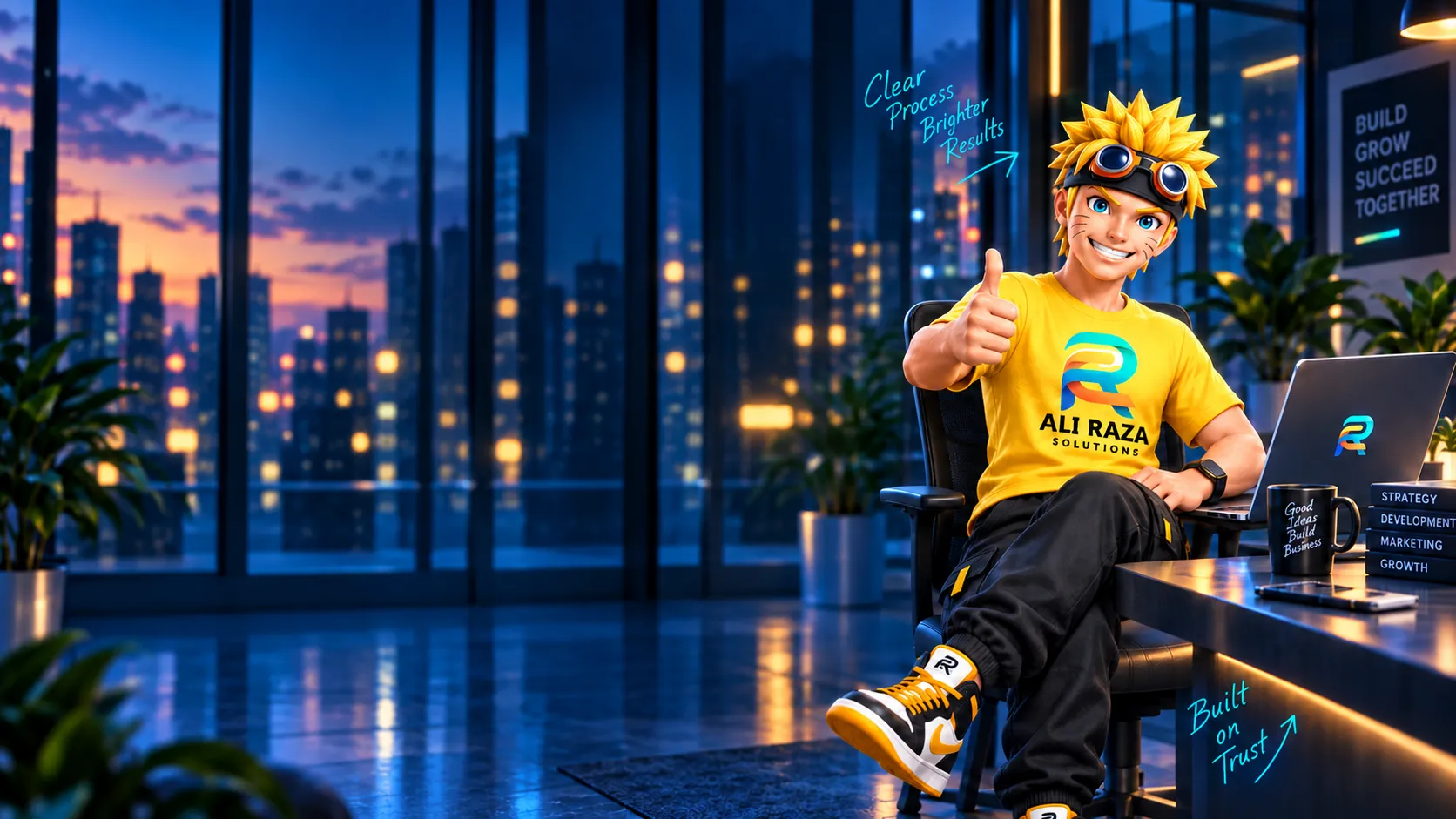Ali Raza Solutions mascot giving a thumbs-up at his desk — clear process, built on trust