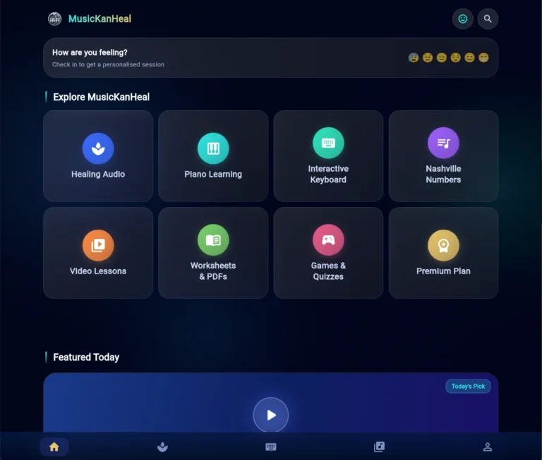 MusicKanHeal Flutter app home dashboard on a tablet, built by Ali Raza Solutions
