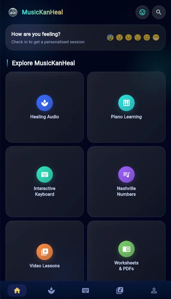 MusicKanHeal Flutter app home screen on a phone with healing audio and piano learning