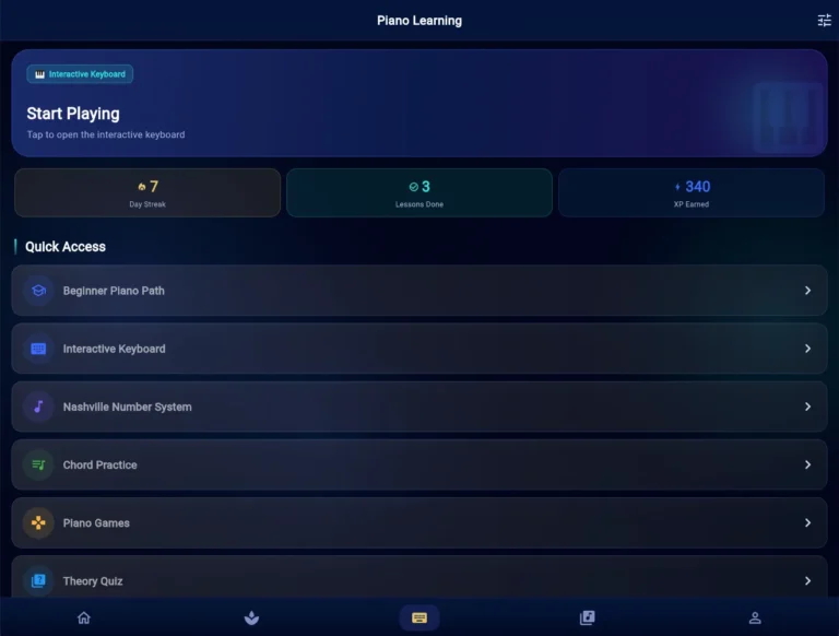 MusicKanHeal cross platform app piano dashboard in landscape tablet layout