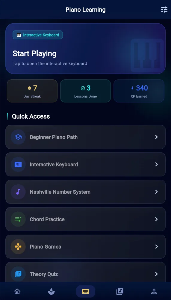 MusicKanHeal Flutter app piano learning dashboard with streaks and lessons on a phone