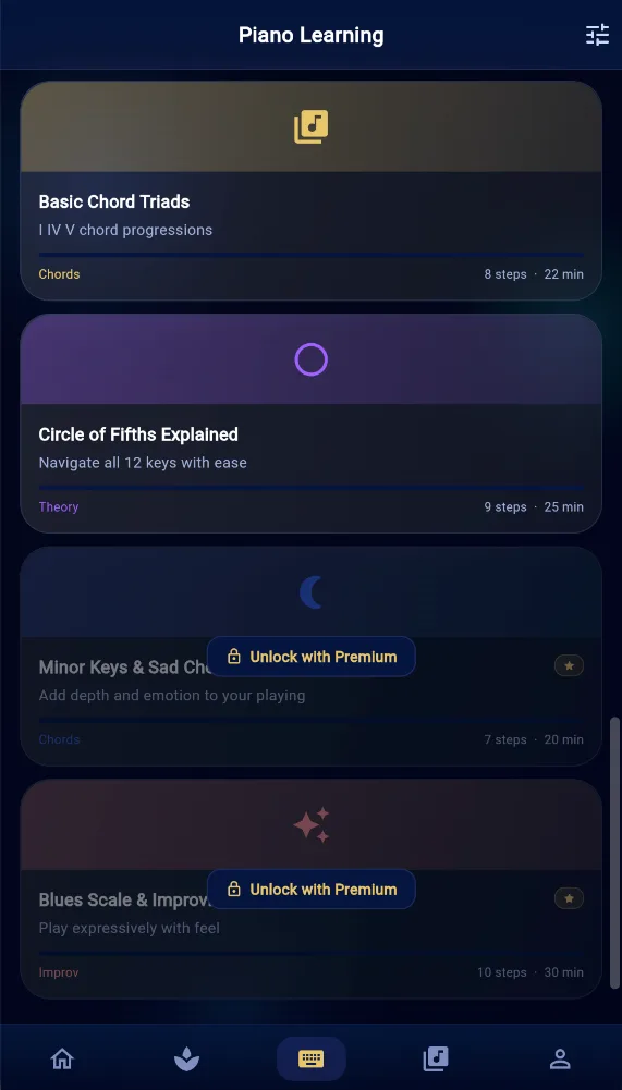 MusicKanHeal cross platform app premium piano lessons screen on a phone