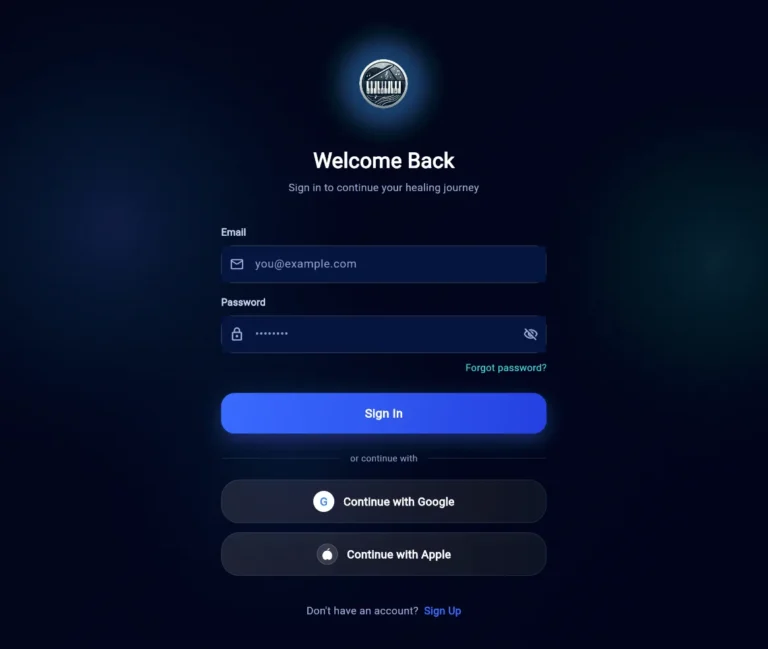 MusicKanHeal app sign-in screen with email, Google and Apple login built in Flutter
