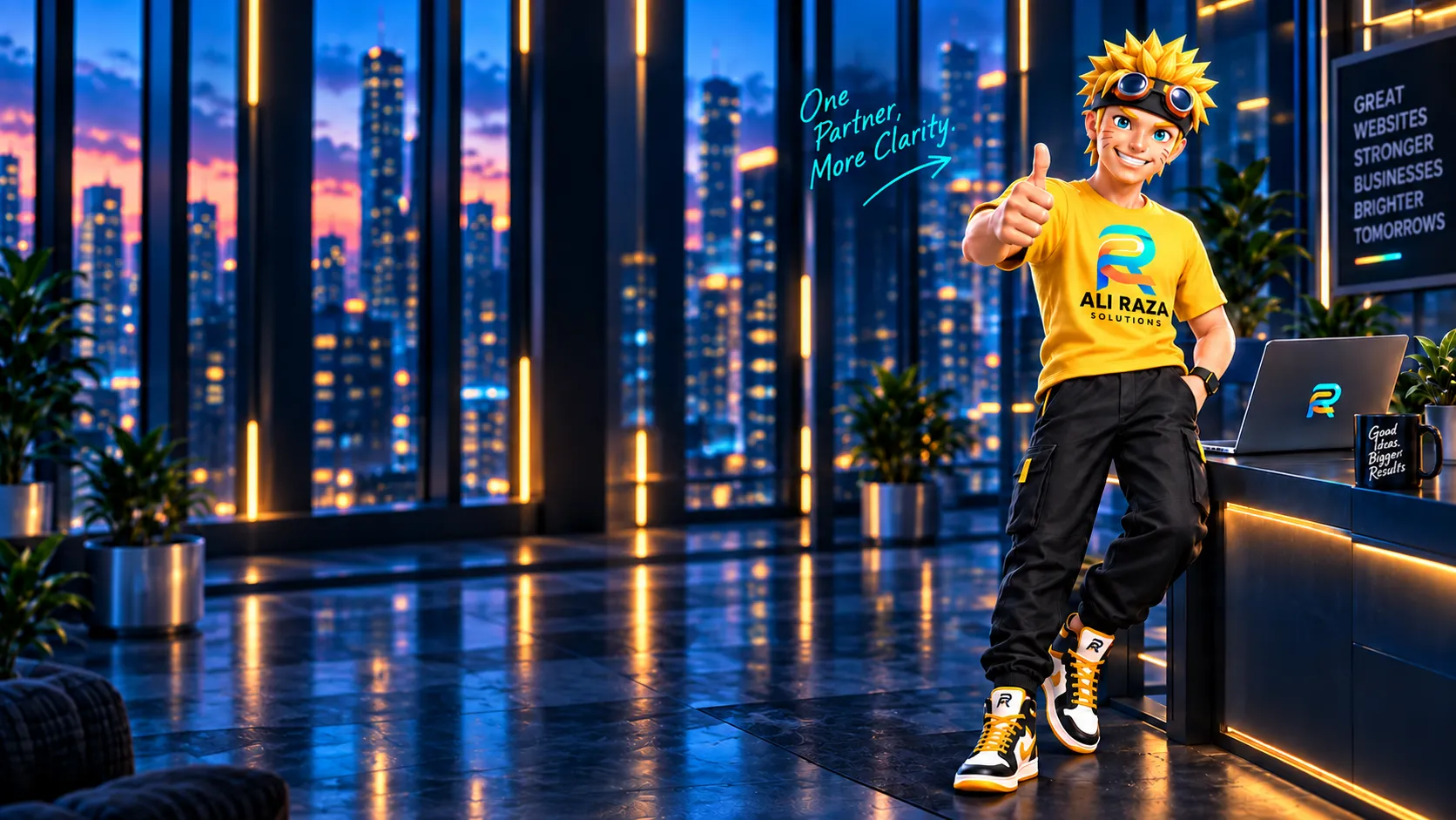 Ali Raza Solutions mascot leaning on a desk — one partner, built for growth